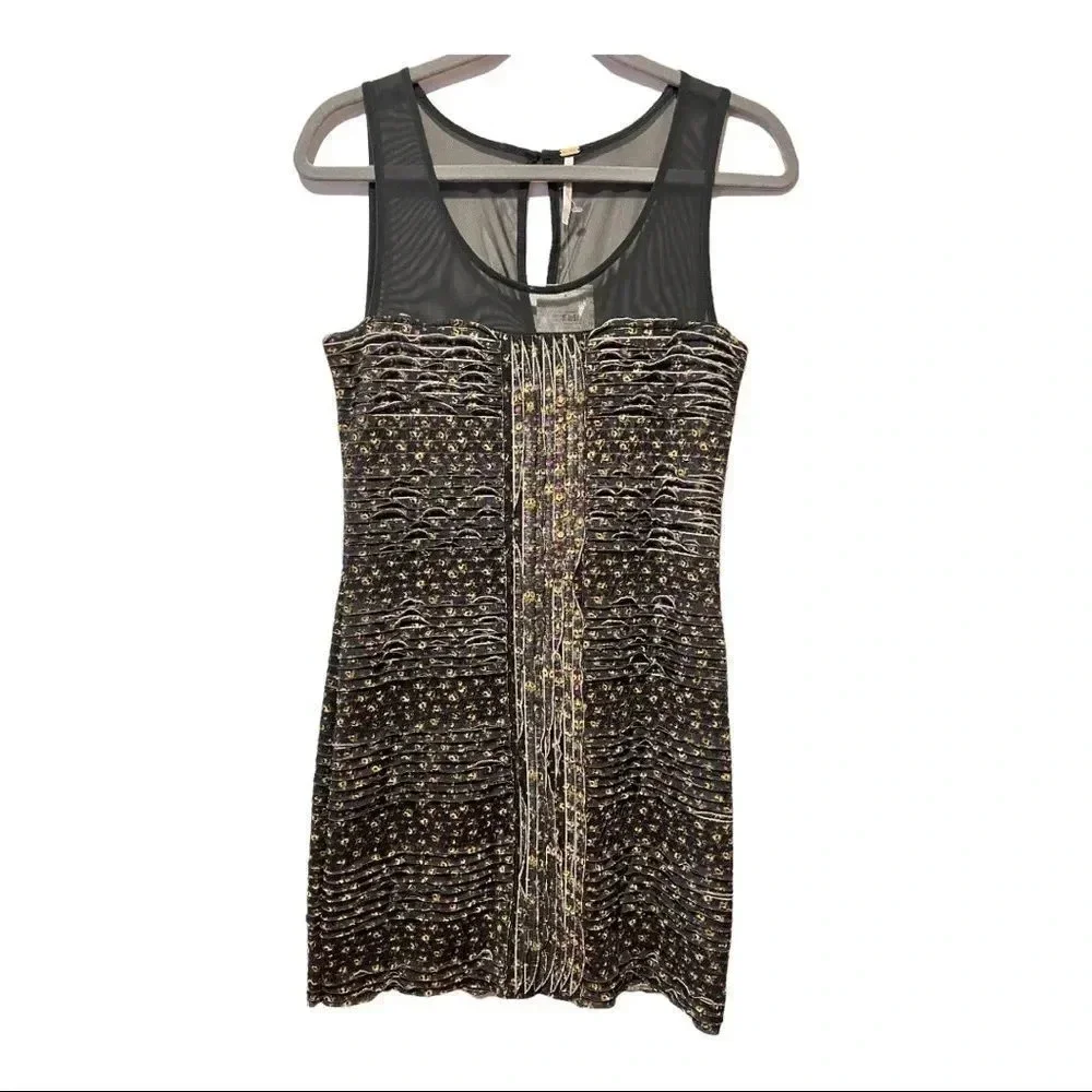 FREE PEOPLE Gray Floral Sleeveless Ruffle Shimmy Bodycon Mini Dress Small